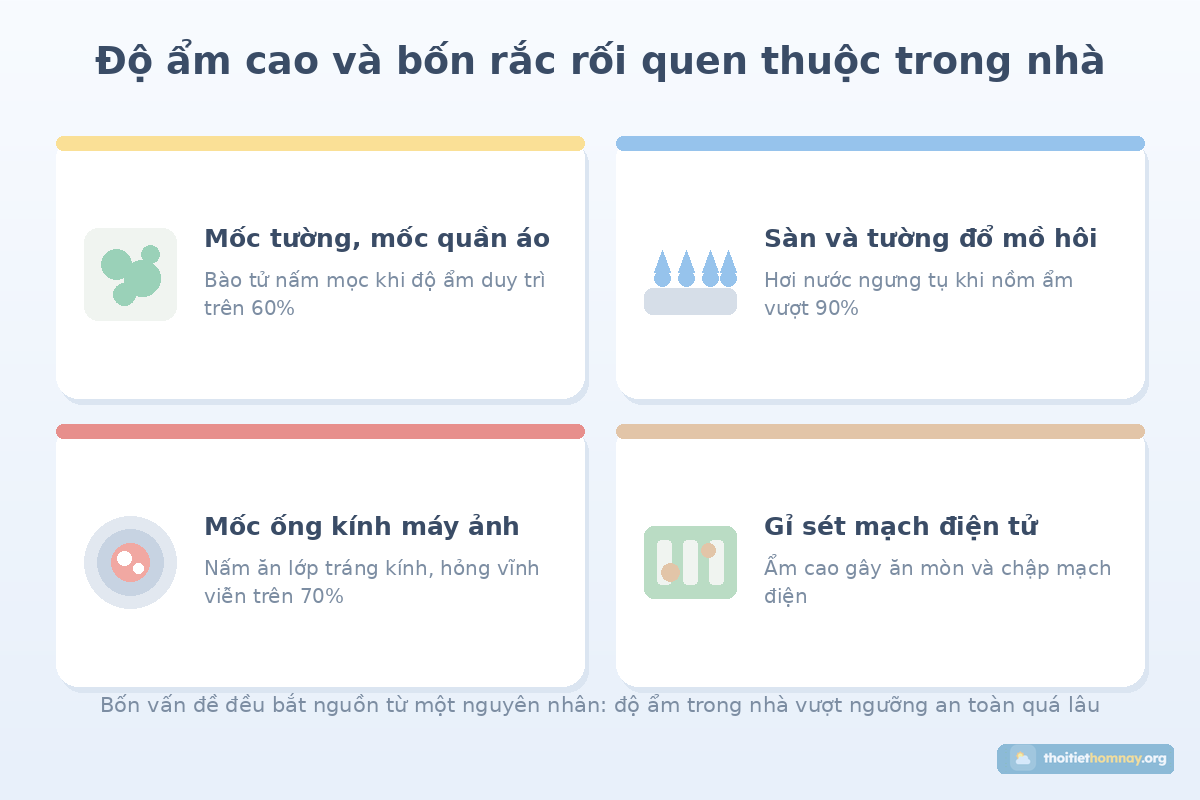 Bốn vấn đề do độ ẩm cao trong nhà: mốc tường và quần áo, sàn tường đổ mồ hôi, mốc ống kính máy ảnh, gỉ sét mạch điện tử