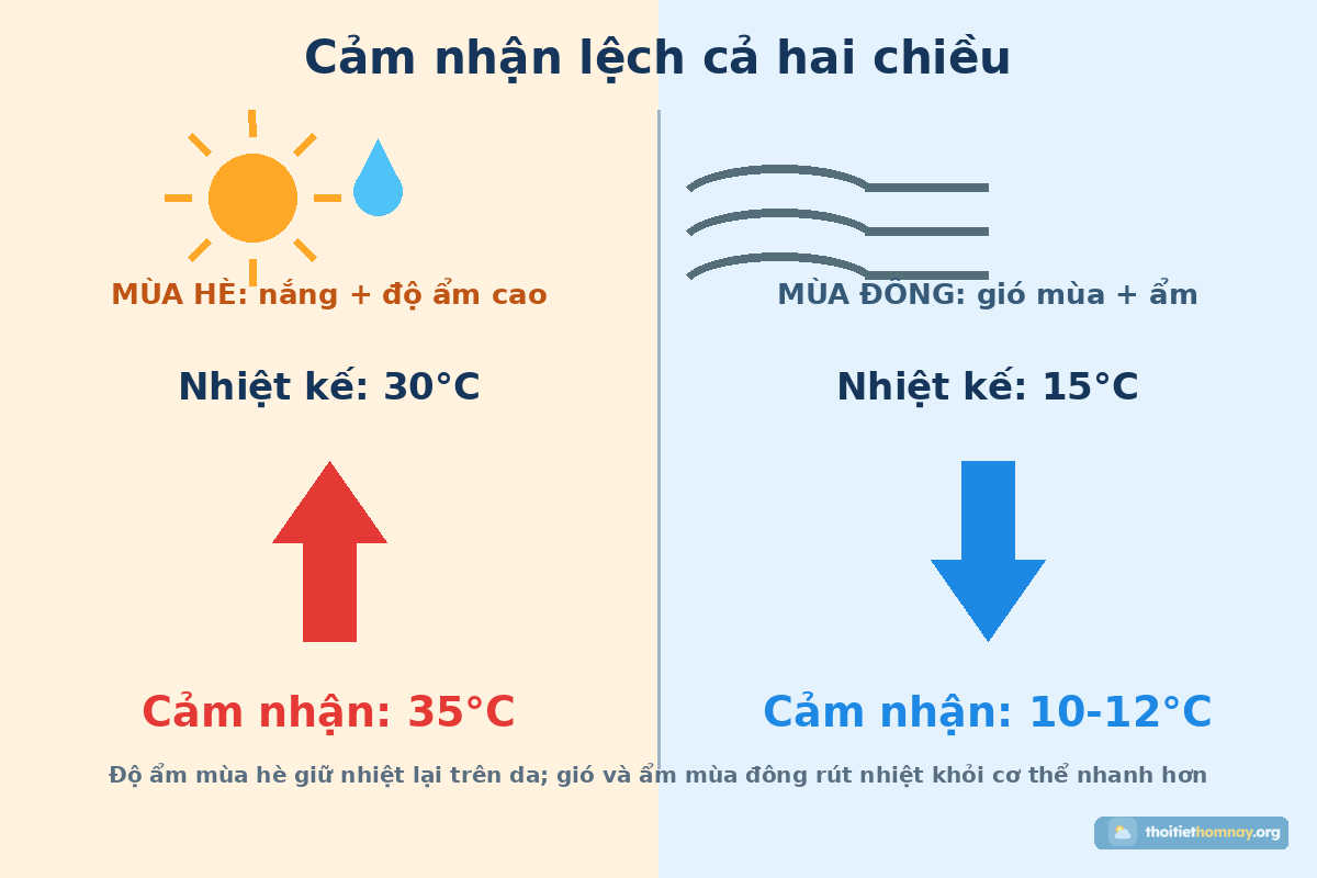 Đồ họa hai chiều: mùa hè 30 độ cảm nhận 35 độ do nắng và ẩm, mùa đông 15 độ cảm nhận 10-12 độ do gió mùa và ẩm