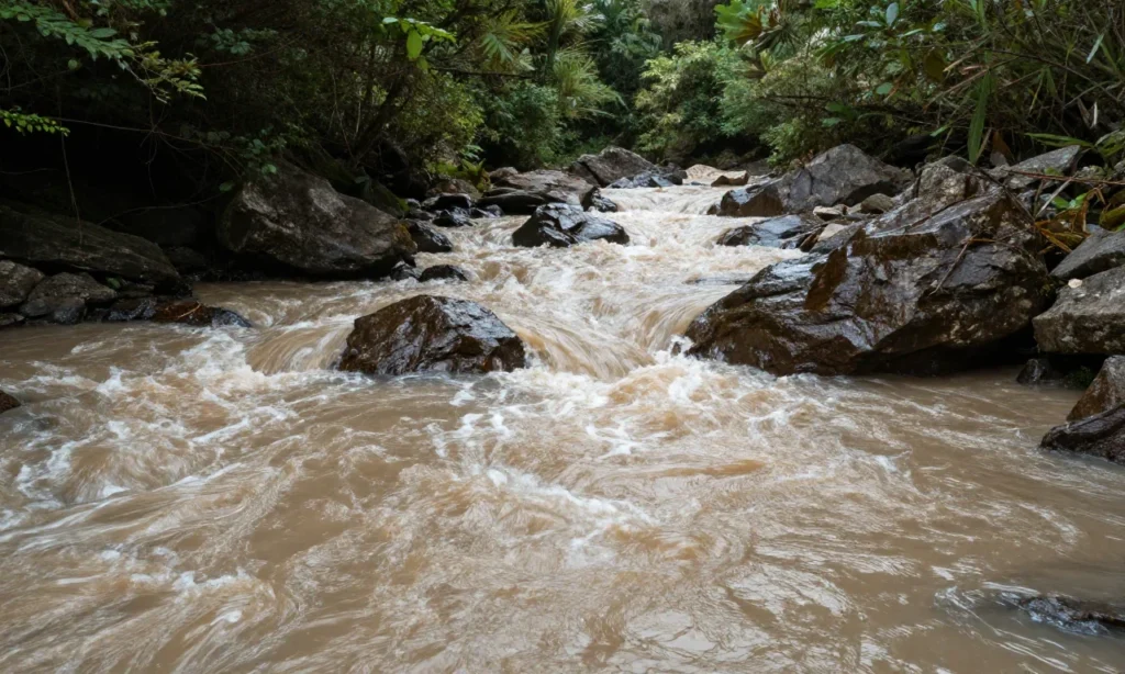 Minh họa: Dấu hiệu nhận biết sạt lở đất sắp xảy ra khi nước suối chuyển màu đục