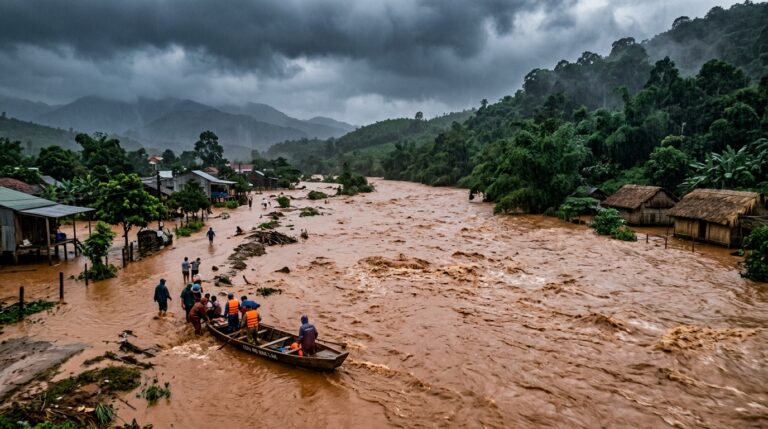 Dòng nước sông Krông Ana dâng cao đỏ ngầu phù sa trong đợt mưa bão lũ lịch sử tại Đắk Lắk